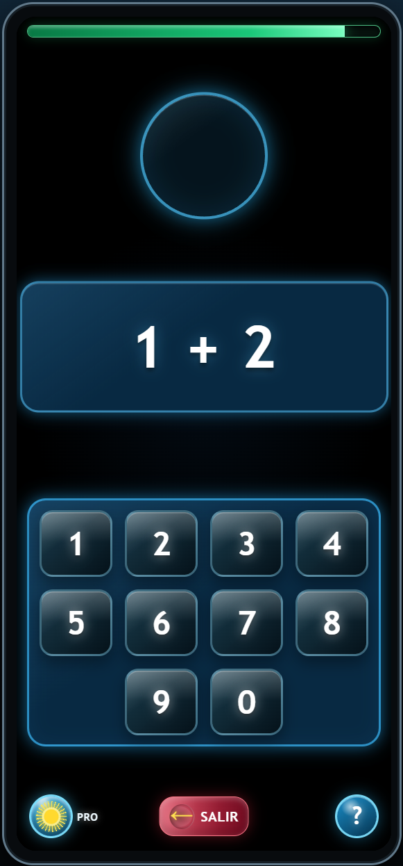 Captura del modo Básico de Aprende Mates: suma 1 más 2 y teclado numérico